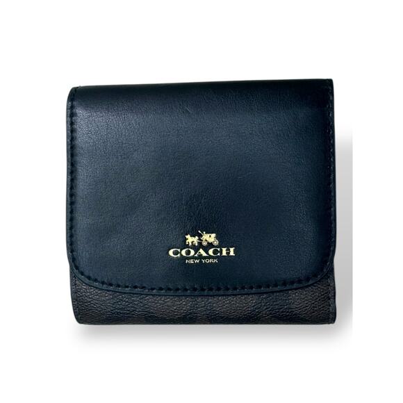 Coach Handbags - Coach Small Tri-Fold Wallet Black Leather & Signature Canvas Card Holder
